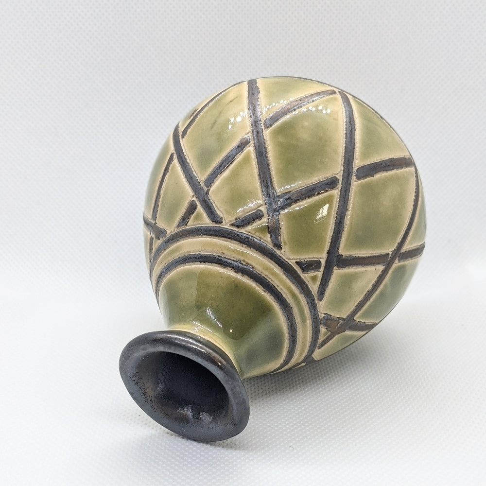 Small Decorative Art Vase with Green and Black Geometric Design