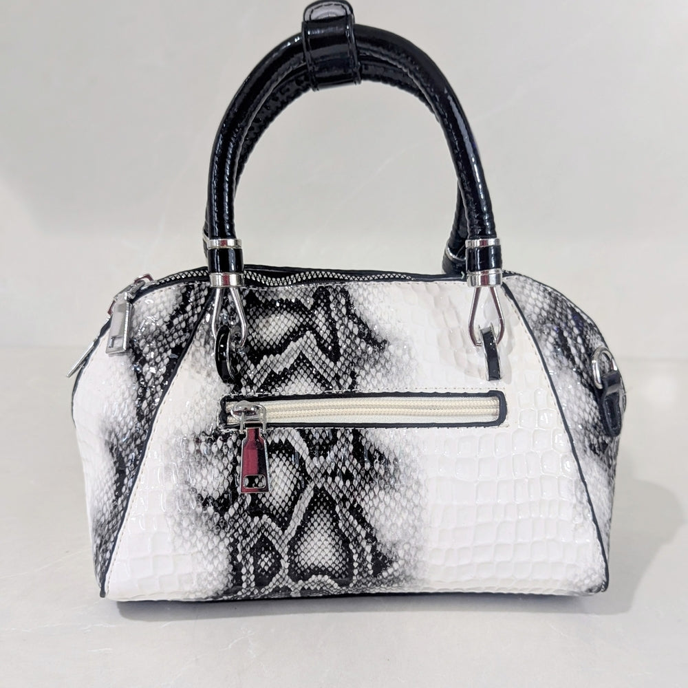 Black and White Faux Crocodile Leather Satchel with Floral Charm
