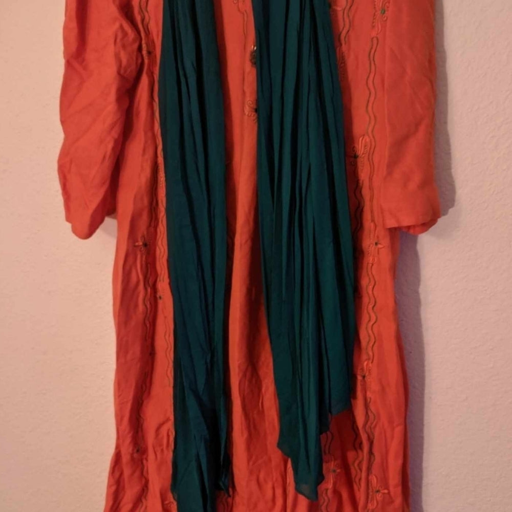Traditional Orange Embroidered Kurta with Dark Green Scarf and Matching Pants