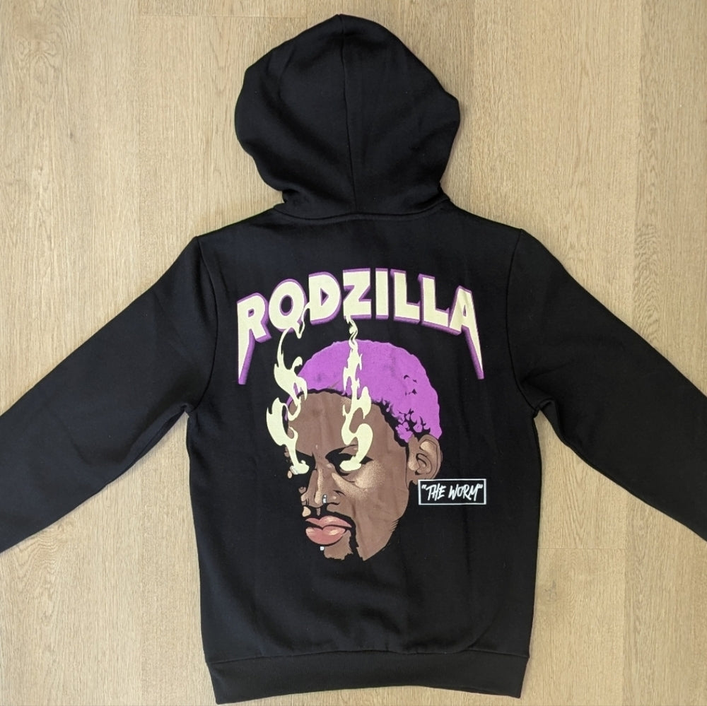 Rodzilla Black Hoodie with Purple Graphic Print