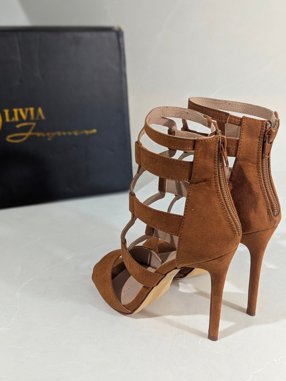 Olivia Jaymes Brown Suede Strappy High Heel Sandals Size 8
