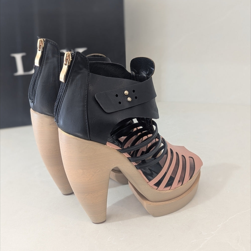 L&K Women's Strappy High Heel Platform Sandals in Pink and Black Size 8